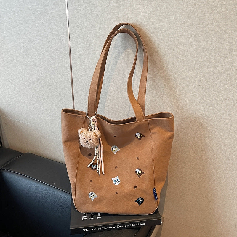 Embroidery cat high-end tote bag 2025 new artistic cute portable shoulder crossbody bag canvas bag