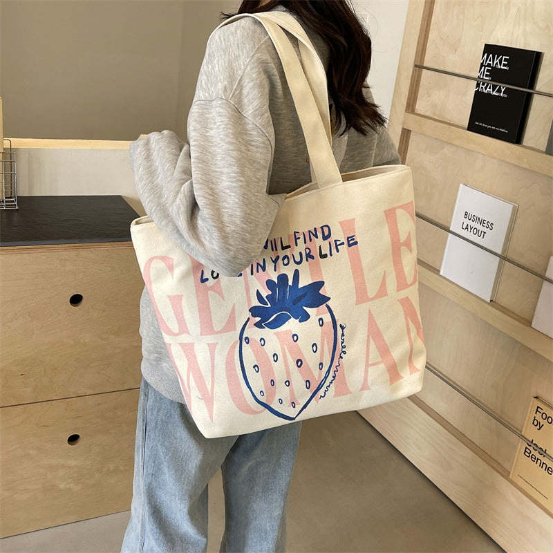 Letter canvas bag 2025 new strawberry print Gentle Woman shoulder bag commuting tote bag