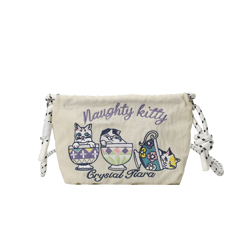 Summer Teacup Cat Crossbody Women's Bag 2025 New Embroidered Nylon Cloth Shoulder Bag