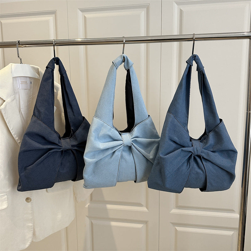 Simple Handheld Bow Bag Women's Bag 2025 New Denim Shoulder Bag Casual Underarm Bag