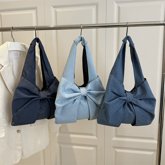Simple Handheld Bow Bag Women's Bag 2025 New Denim Shoulder Bag Casual Underarm Bag