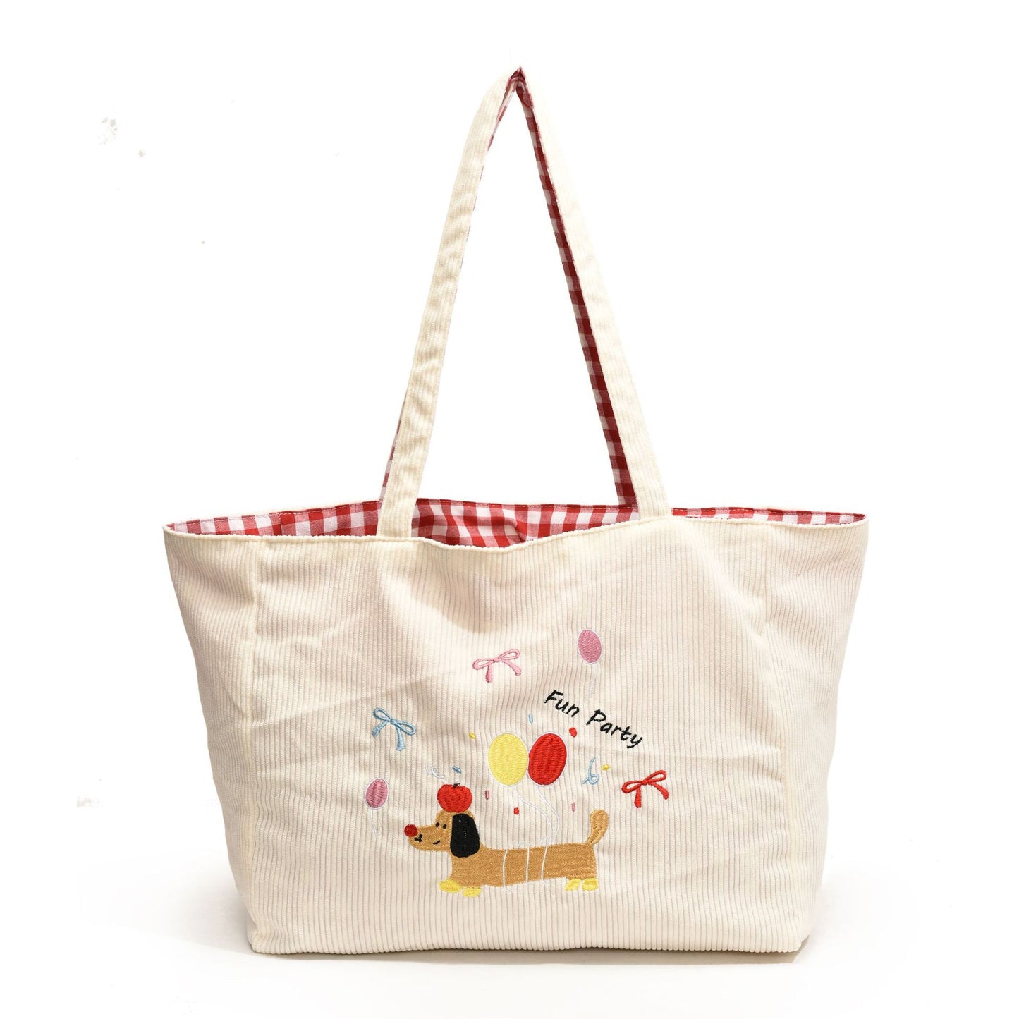 Self cute embroidered hand-held shoulder bag, large capacity tote bag, autumn and winter new corduroy plaid dual-use women's bag