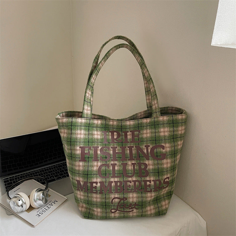 Fashionable canvas plaid tote bag for women, large capacity student class handbag, new letter printed shoulder bag
