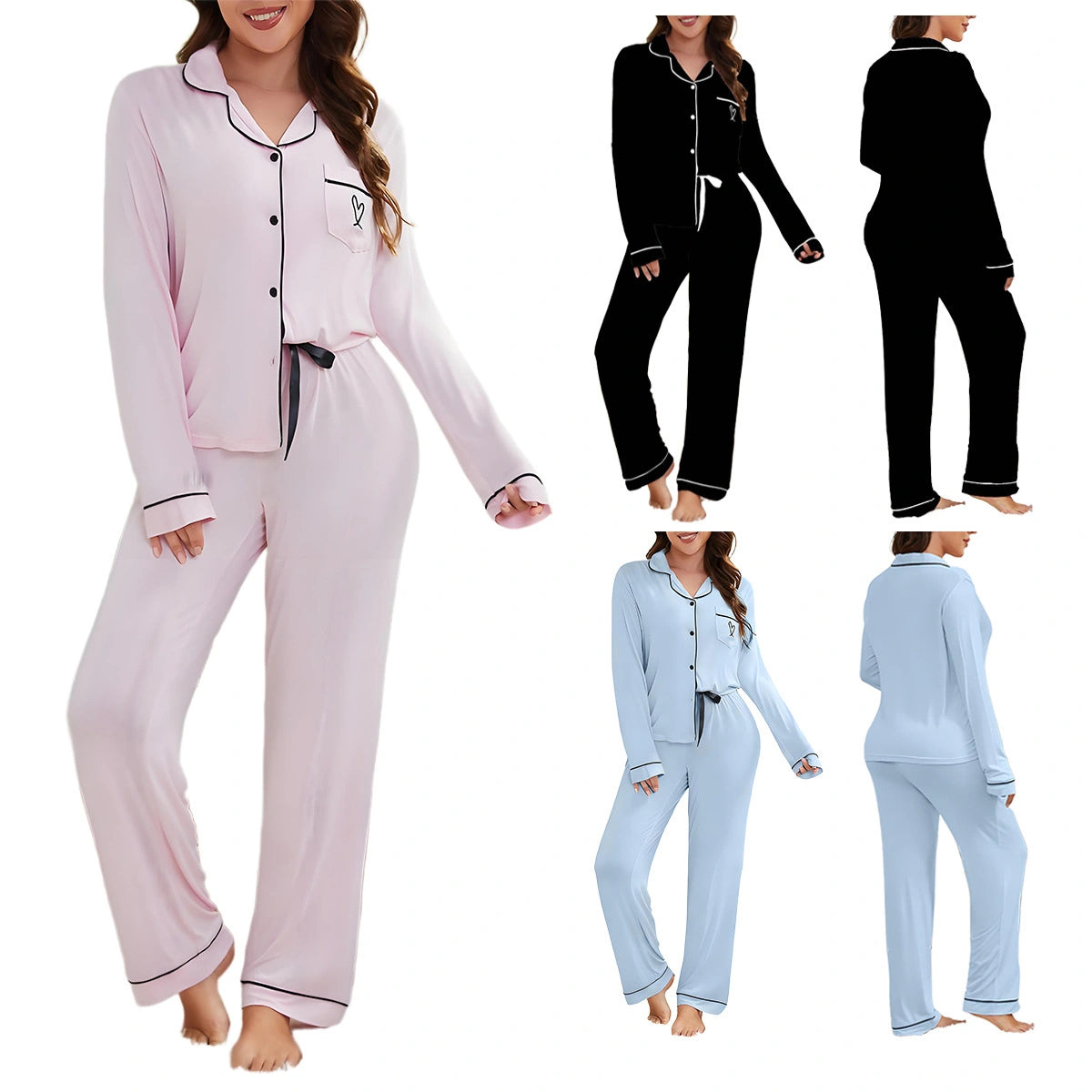 Solid Women's Pajamas Set Turn Down Collar Top & Full-Length Pants 2 Pieces Sleepwear Nightwear Homewear Cloth for Autumn