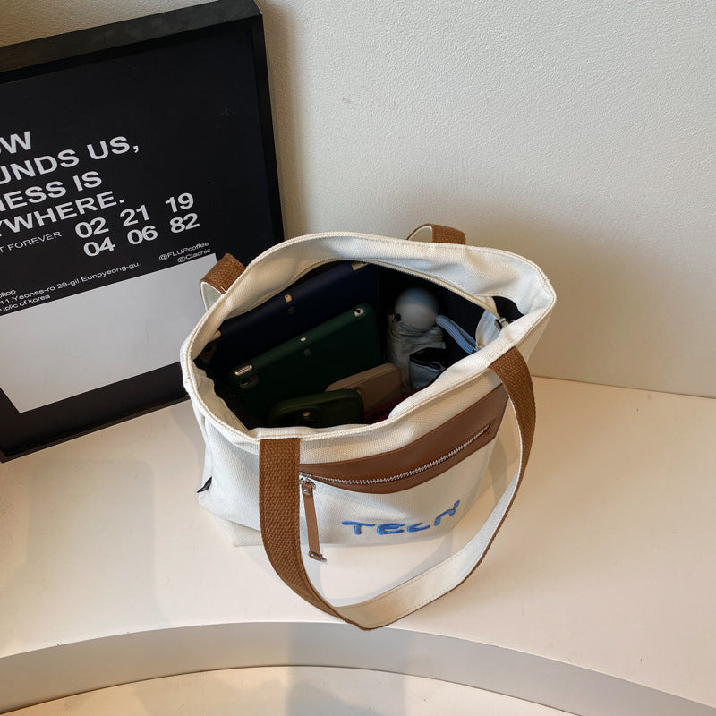 Korean casual college style canvas bag, women's seasonal new fashion tote bag, casual large capacity shoulder bag