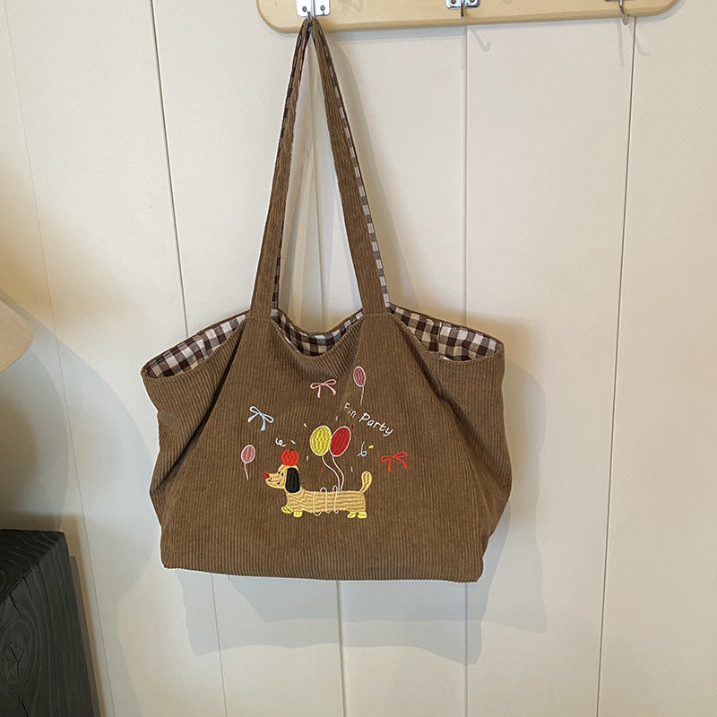 Self cute embroidered hand-held shoulder bag, large capacity tote bag, autumn and winter new corduroy plaid dual-use women's bag