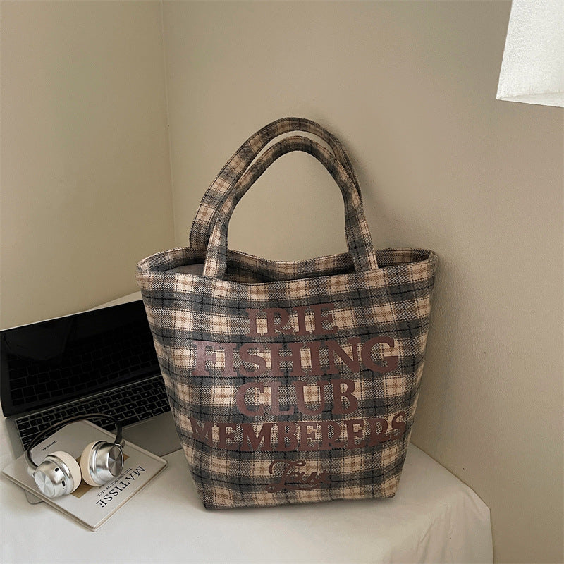Fashionable canvas plaid tote bag for women, large capacity student class handbag, new letter printed shoulder bag