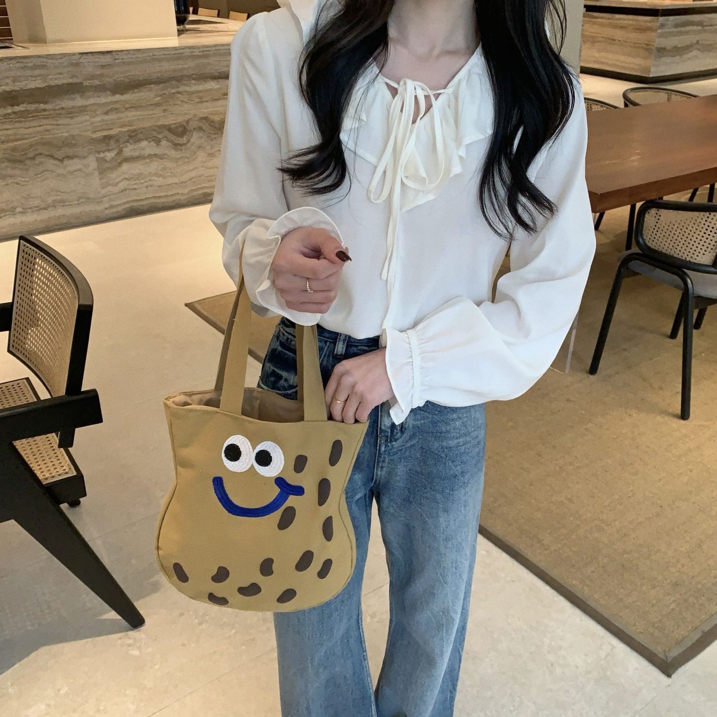 Large Capacity Handbag Original Versatile Bag Women's Cartoon Canvas Single Shoulder Embroidery Japanese Cute Art