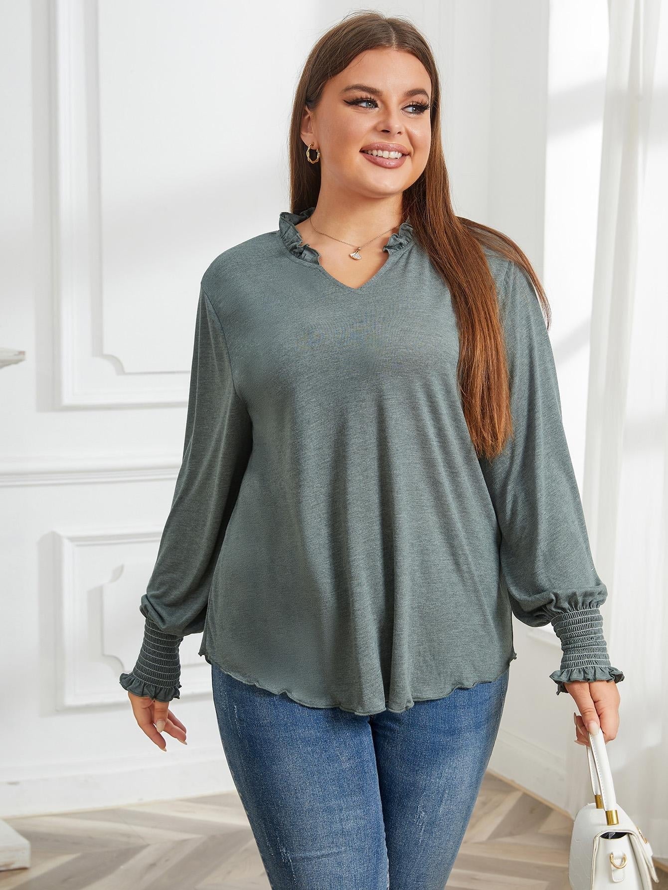 ebukurty  Plus Size Green Long Sleeve Top for Women V-Neck Soft Oversize T-shirts 1XL/3XL-4XL