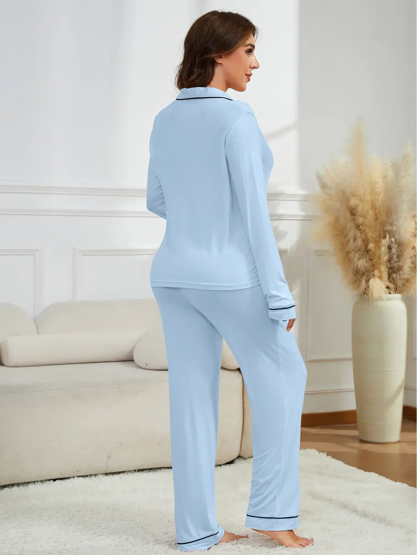 Solid Women's Pajamas Set Turn Down Collar Top & Full-Length Pants 2 Pieces Sleepwear Nightwear Homewear Cloth for Autumn