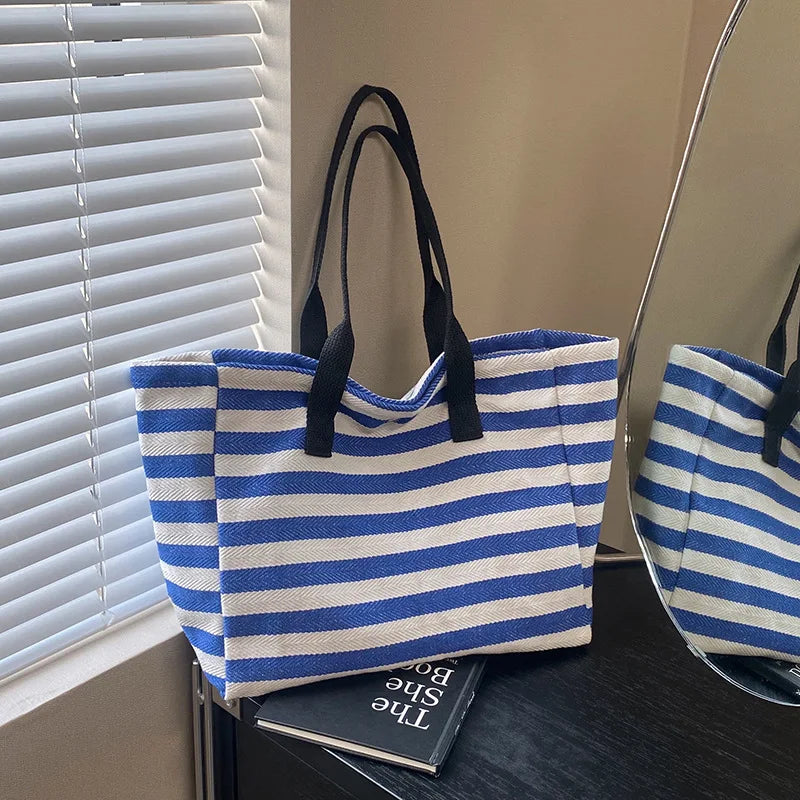 Commuting Canvas Bag Women's Large-capacity Tote Bag 2025 New Striped Single-shoulder Mommy Tote Bag Korean Version Style