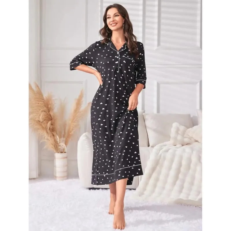 Women Nightgown Notched Collar Female Sleepwear Dress with Chest Pocket Half Sleeve Fall Nightwear Front Button Homwear Clothing