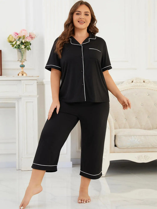 Plus Size Solid Women Pajama Sets Short Sleeves Front Button Turn Down Collar Top & Long Pants 2 Pcs Sleepwear Nightwear