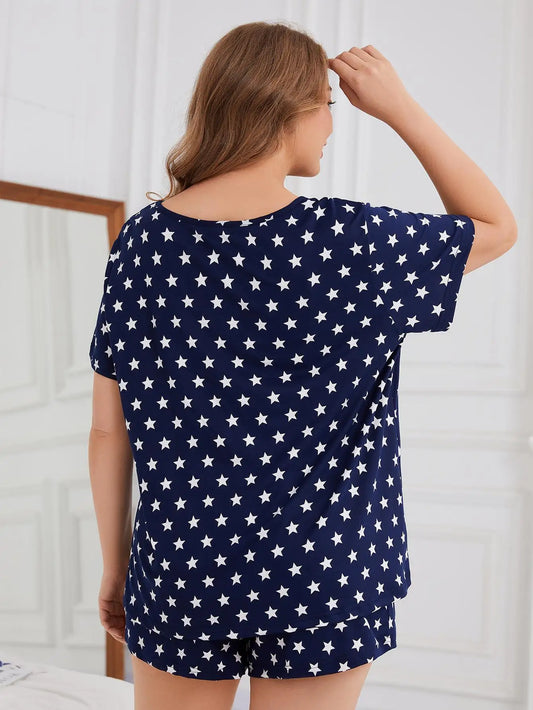 Plus Size Star Print Women Pajama Sets Short Sleeves O Neck Top & Elastic Waist Shorts 2 Pieces Female Sleepwear Nightwear