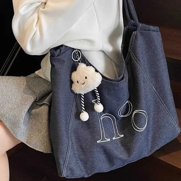 Relaxed Denim Large-capacity Single-shoulder Embroidered Canvas Bag Women Laid-back Style Versatile Commuter Underarm Tote Bag