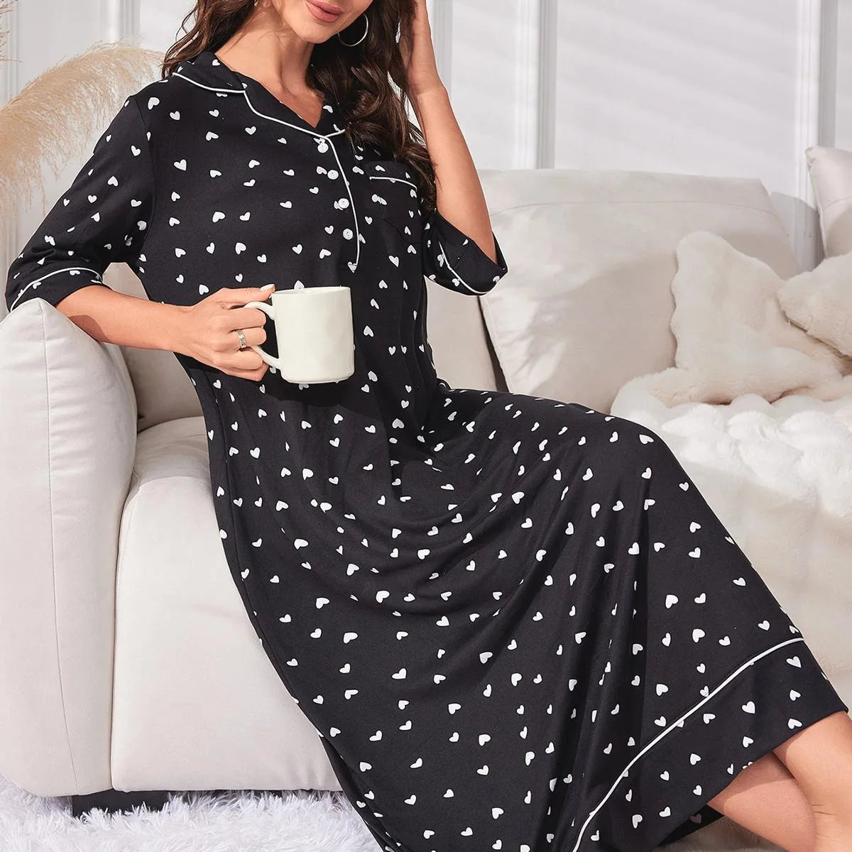 Women Nightgown Notched Collar Female Sleepwear Dress with Chest Pocket Half Sleeve Fall Nightwear Front Button Homwear Clothing
