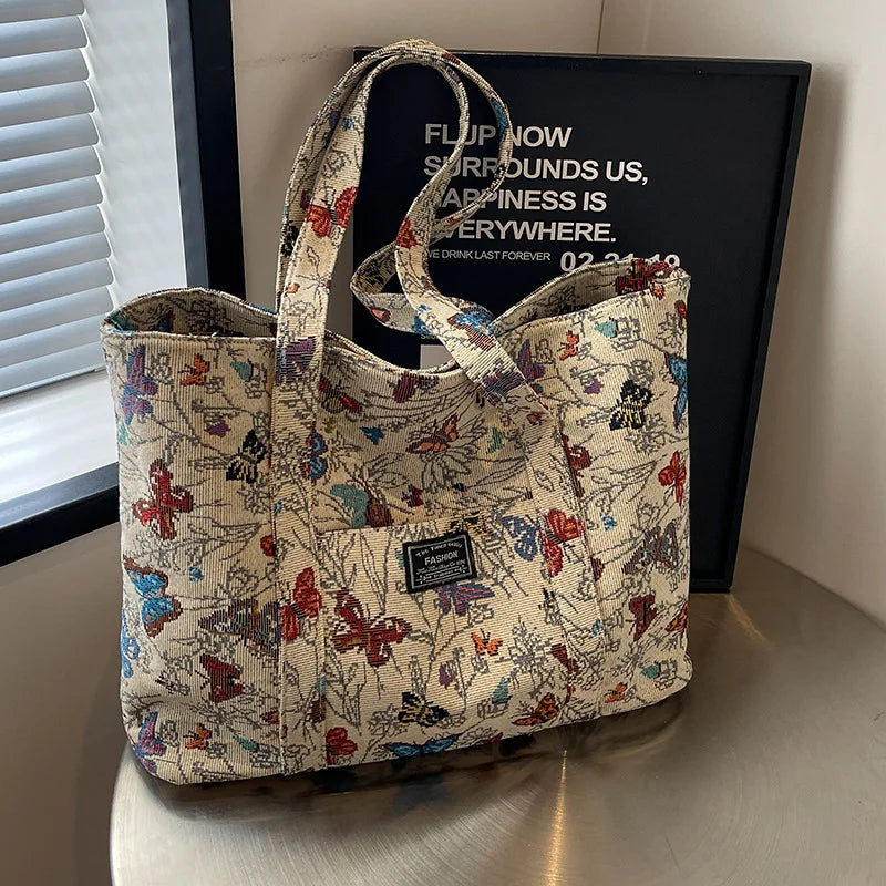 High-end Large-capacity Canvas Bag for Women 2025 Fashionable Butterfly Print Commuter Tote Bag Female Ins Student Class Bag