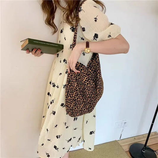 Large-capacity Leopard Corduroy Single-shoulder Bag Laid-back Style Versatile Shopping Bag Korean Sail Fabric Bag Consignment