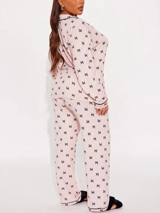 Bow Tie Print Women Pajama Set Long Sleeves Turn Down Collar Top & Full-Length Pants 2 Pieces Female Sleepwear Nightwear