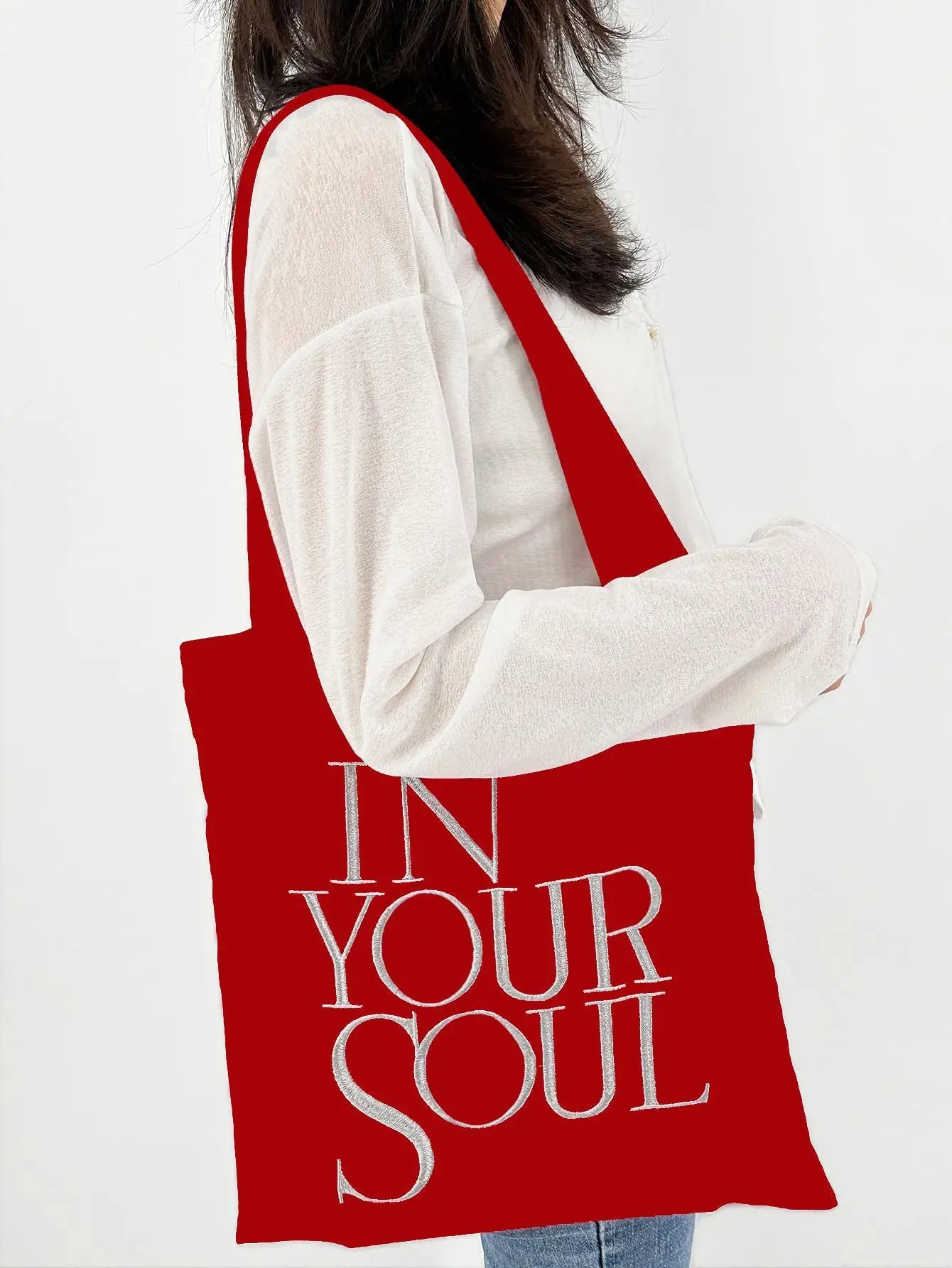 Letter Print Canvas Reusable Grocery Tote Bag Fenale Shoulder Handbag Crafts Shopping Bags Gifts for Women Birthday Christmas