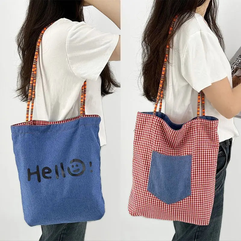 Letter Print Double Side Canvas Tote Bags Reusable Grocery Women Shoulder Crafts Shopping Handbag Gifts for Women Girls Birthday