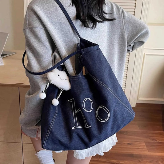 Relaxed Denim Large-capacity Single-shoulder Embroidered Canvas Bag Women Laid-back Style Versatile Commuter Underarm Tote Bag