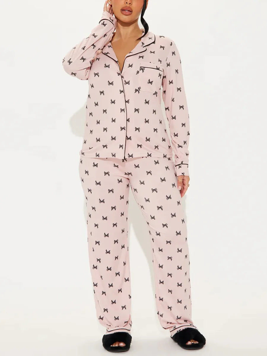 Bow Tie Print Women Pajama Set Long Sleeves Turn Down Collar Top & Full-Length Pants 2 Pieces Female Sleepwear Nightwear