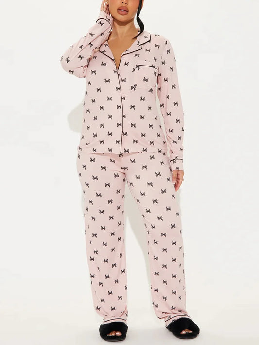 Bow Tie Print Women Pajama Set Long Sleeves Turn Down Collar Top & Full-Length Pants 2 Pieces Female Sleepwear Nightwear