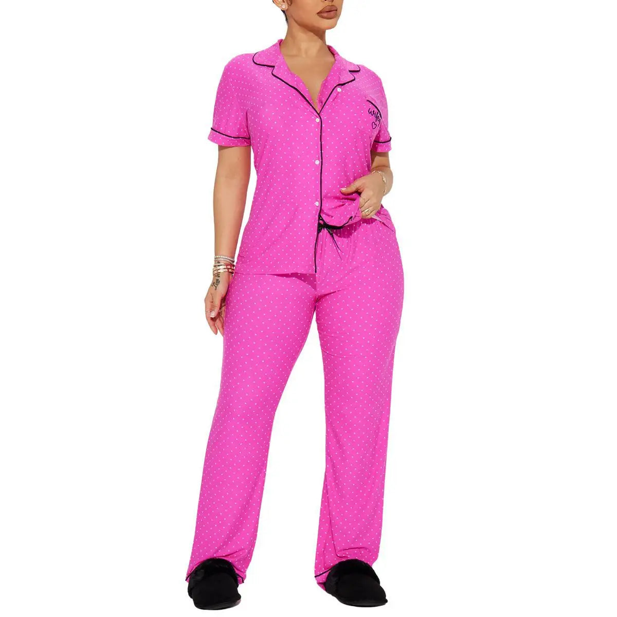 Dot Print Women Pajamas Set Short Sleeve Front Button Tops & Long Pants Female 2 Pieces Notched Collor Sleepwear Nightwear
