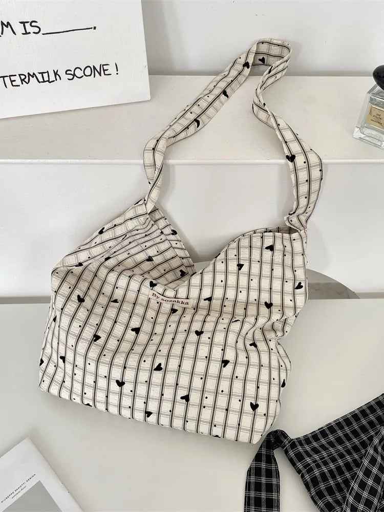 Korean Version Simple and Lightweight Checkered Crossbody Tote Bag 2025 New Versatile Shoulder Bag Plaid Summer Canvas Bag