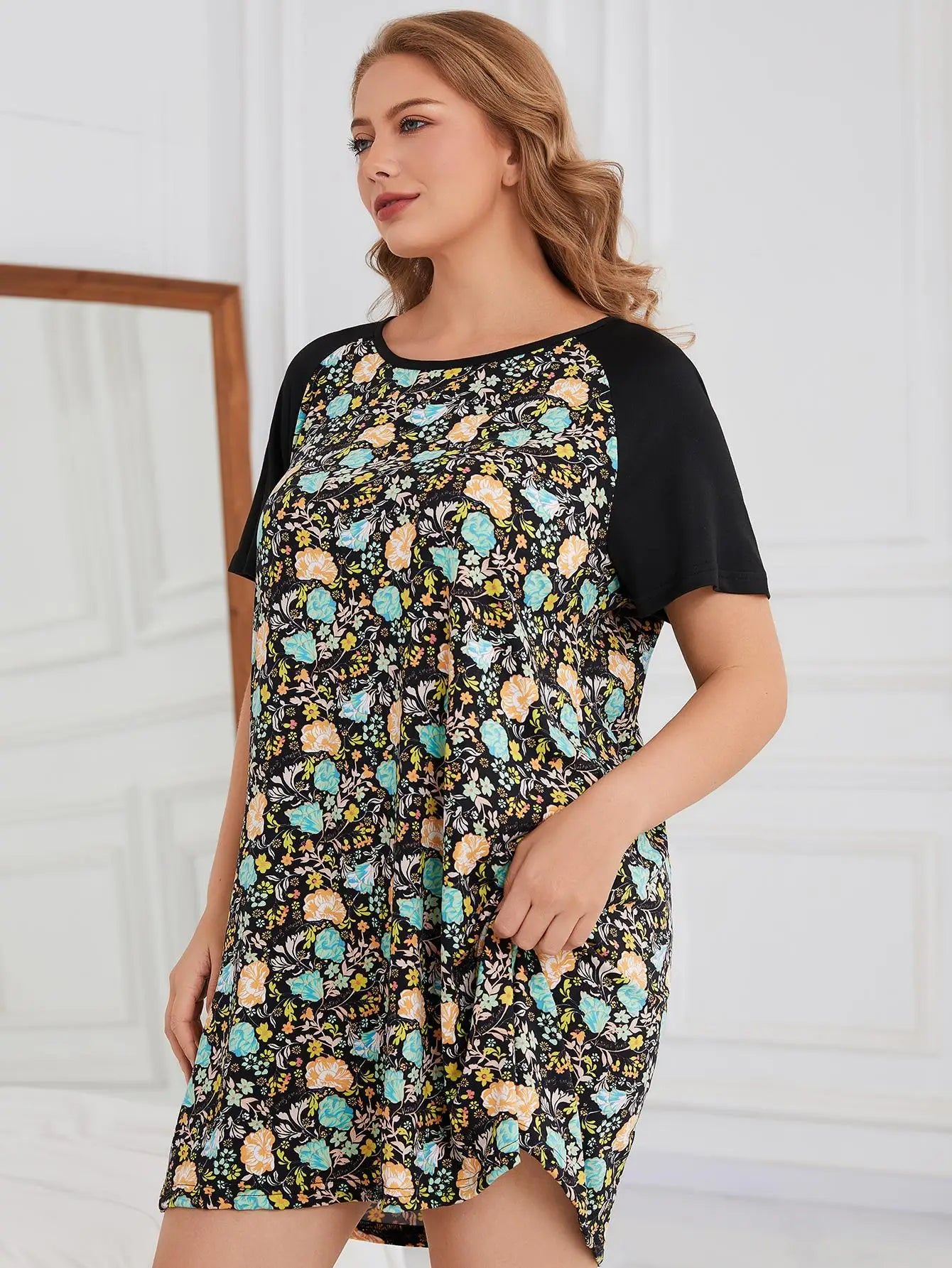 Plus Size Floral Print Women Nightgown Short Sleeves Female Sleepwear O Neck Nightwear Homwear Summer Clothing Oversized 1-6XL