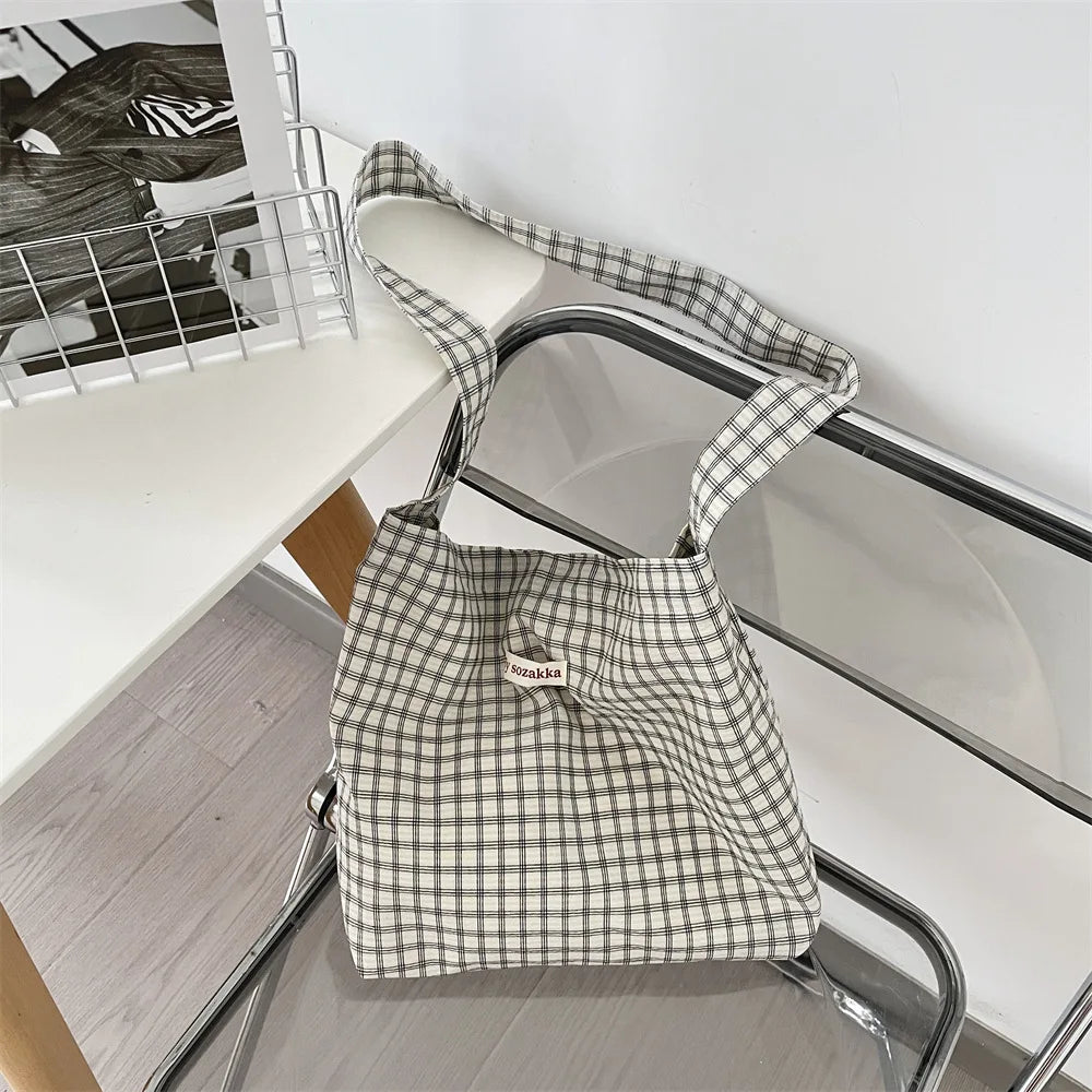 Korean Version Simple and Lightweight Checkered Crossbody Tote Bag 2025 New Versatile Shoulder Bag Plaid Summer Canvas Bag