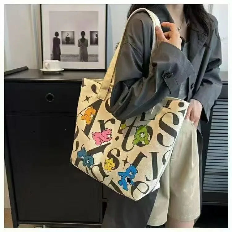 Large-capacity Student Canvas Tote Bag Commuter New Style Bag Versatile Printed Mommy Casual Hand and Shoulder Shopping Bag