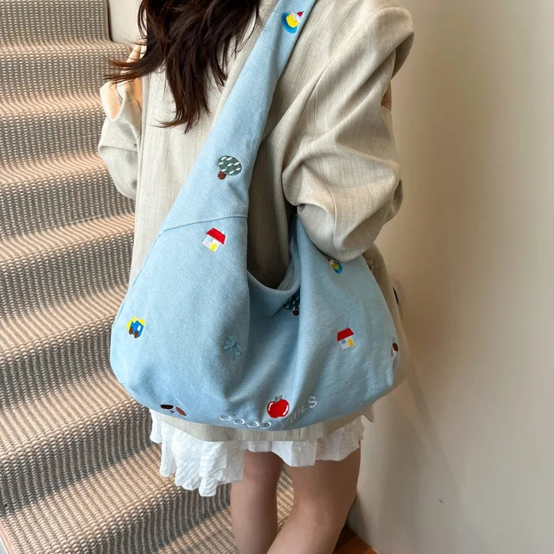 2025 Denim Crossbody Bag Japanese-style Embroidered Cartoon Print Single-shoulder Tote Bag Ins Simple Large-capacity Bag