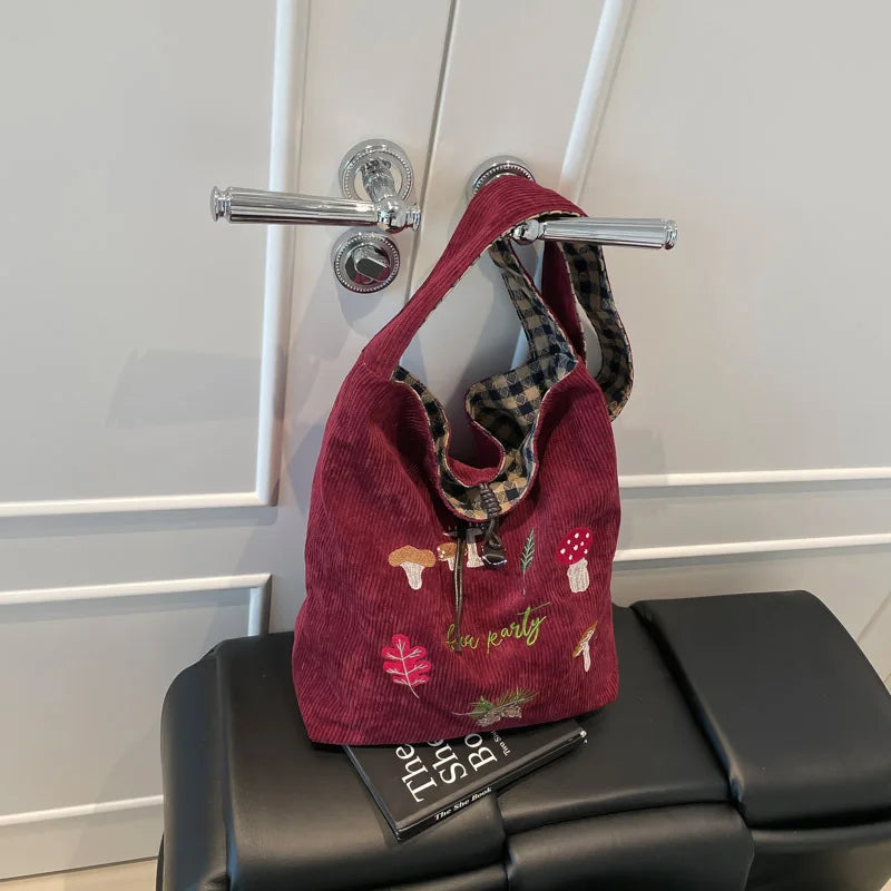 Mushroom Embroidery Single-shoulder Crossbody Bag Corduroy Checkered Double Bread Autumn and Winter New Retro Student Class Bag