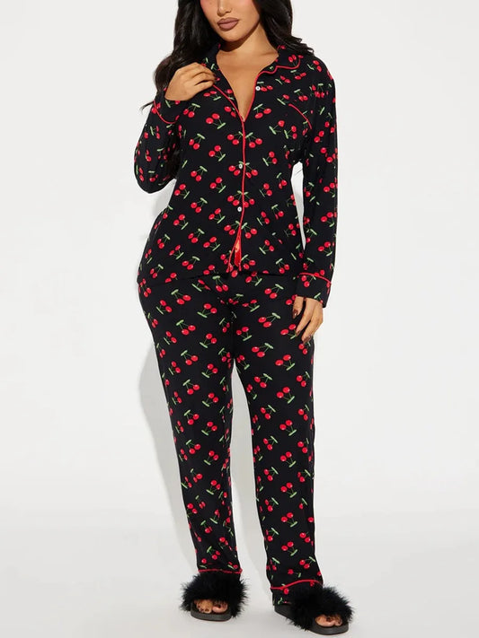 Cherry Print Women Pajama Set Long Sleeves Turn Down Collar Top & Full-Length Pants 2 Pieces Female Sleepwear Nightwear
