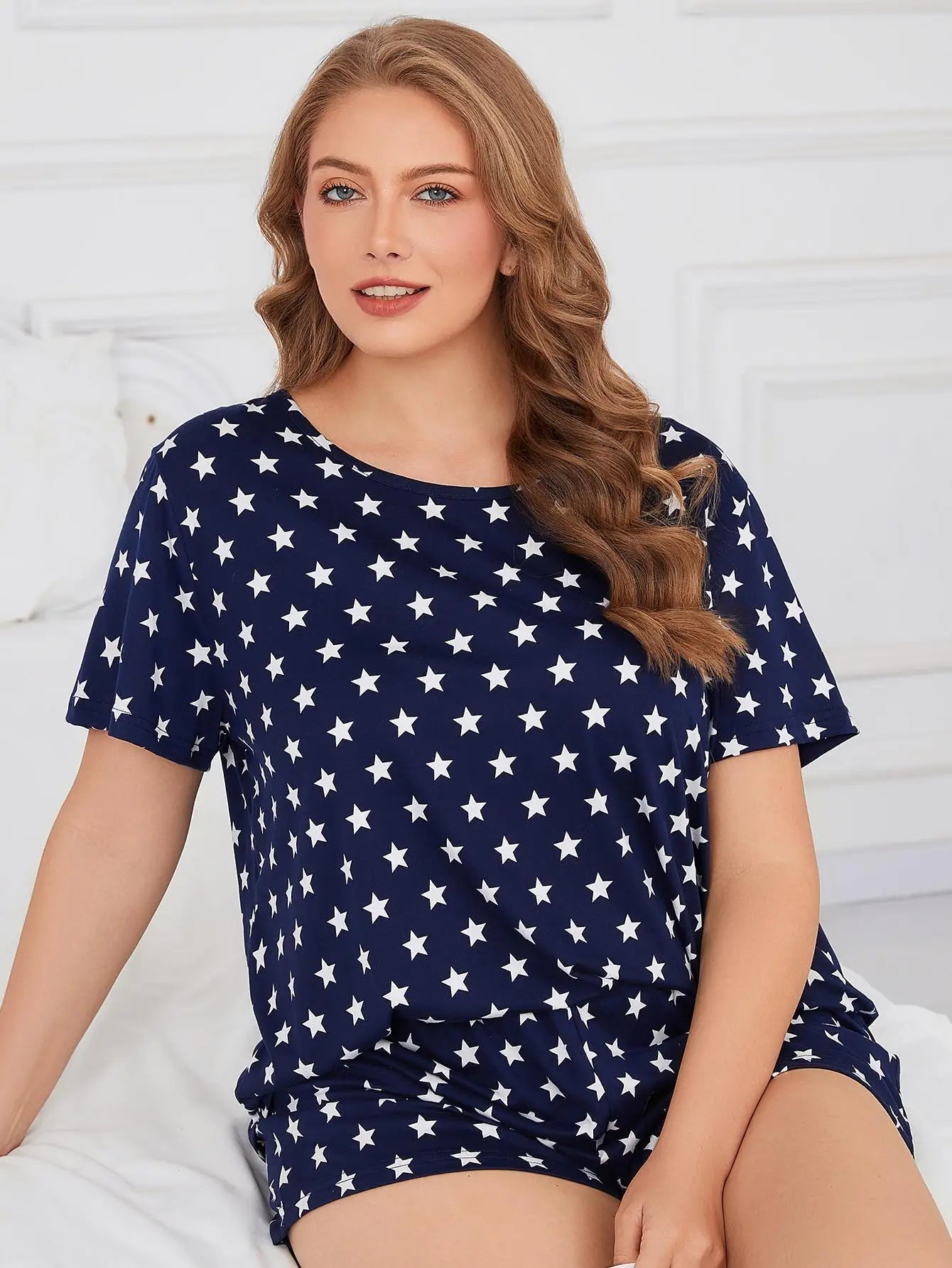 Plus Size Star Print Women Pajama Sets Short Sleeves O Neck Top & Elastic Waist Shorts 2 Pieces Female Sleepwear Nightwear