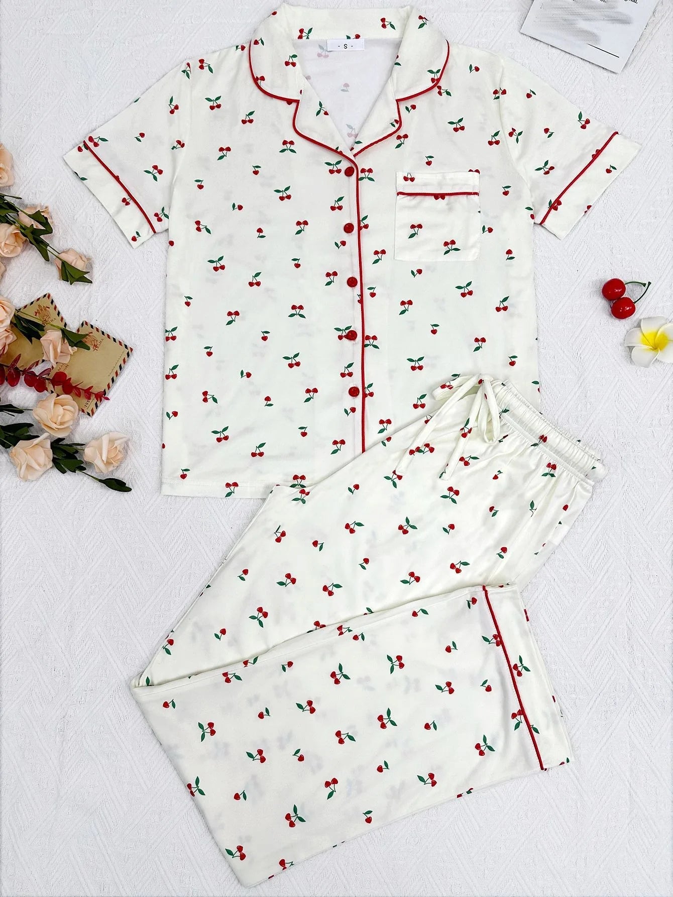 Cherry Print Women Pajama Set Short Sleeves Turn Down Collar Top & Full-Length Pants 2 Pieces Female Sleepwear Nightwear