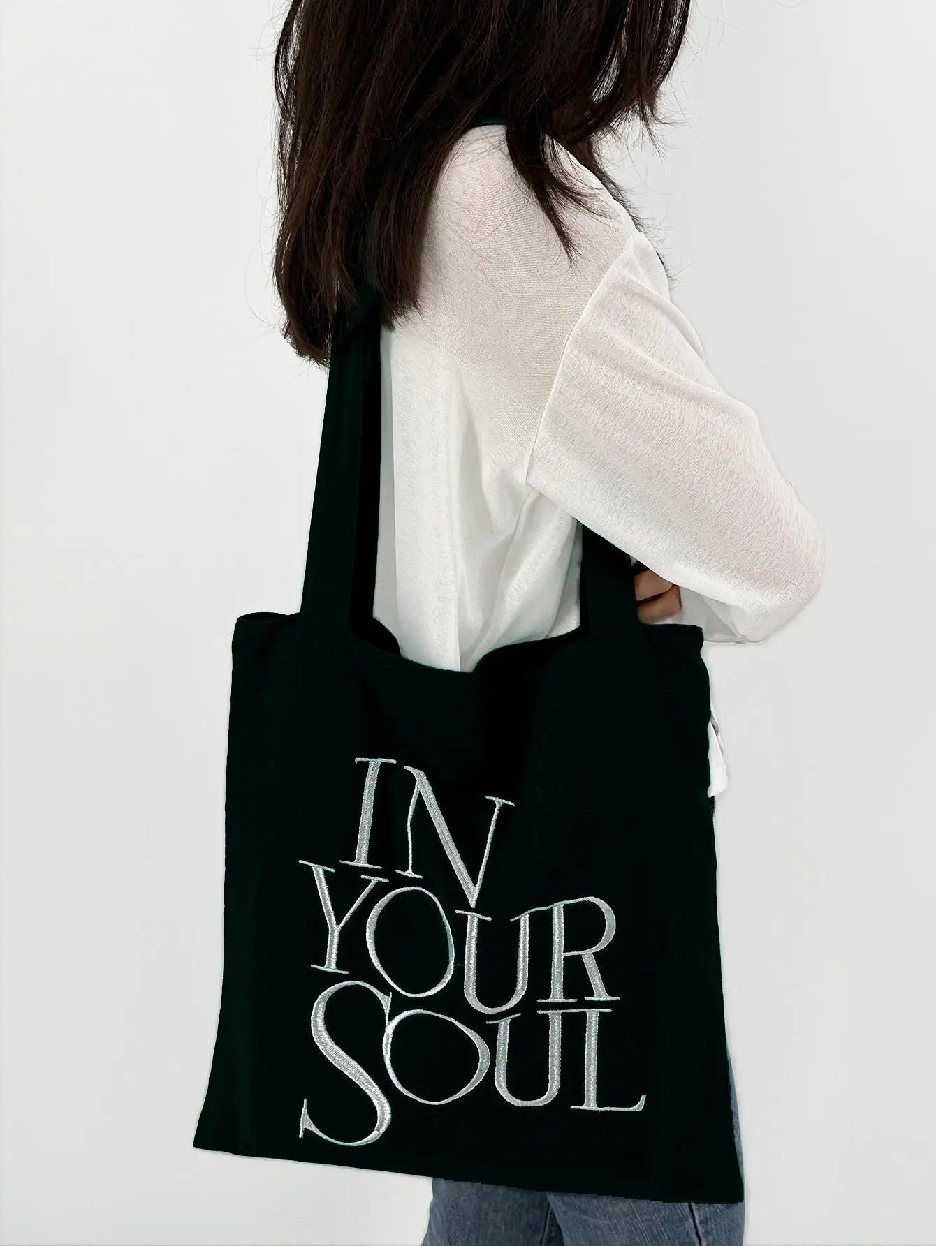 Letter Print Canvas Reusable Grocery Tote Bag Fenale Shoulder Handbag Crafts Shopping Bags Gifts for Women Birthday Christmas