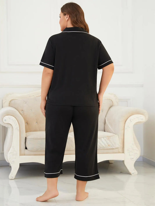 Plus Size Solid Women Pajama Sets Short Sleeves Front Button Turn Down Collar Top & Long Pants 2 Pcs Sleepwear Nightwear