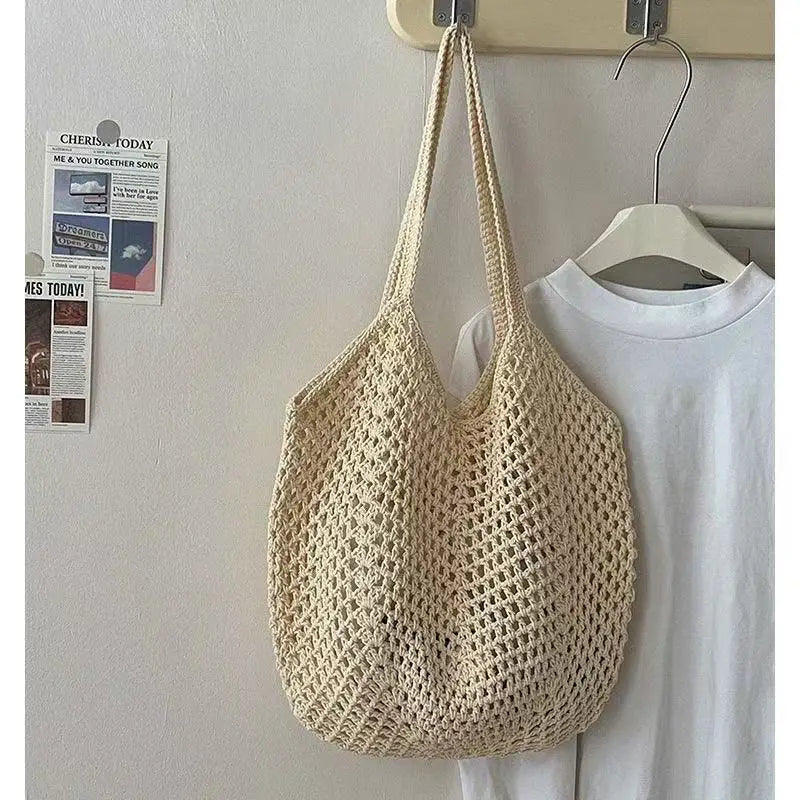 Korean-style Chic Crocheted Grid Bag Women's Summer Beach Bag Hand-woven Hollowed-out Shoulder Female Large Hollowed Bag