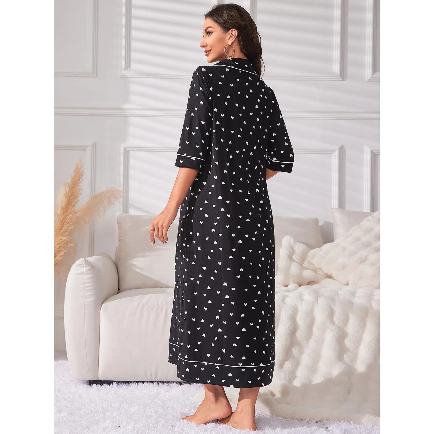 Women Nightgown Notched Collar Female Sleepwear Dress with Chest Pocket Half Sleeve Fall Nightwear Front Button Homwear Clothing