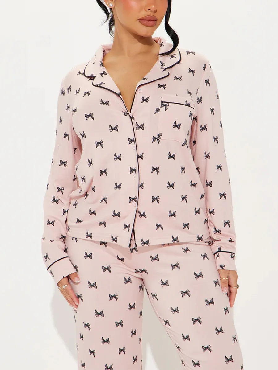 Bow Tie Print Women Pajama Set Long Sleeves Turn Down Collar Top & Full-Length Pants 2 Pieces Female Sleepwear Nightwear