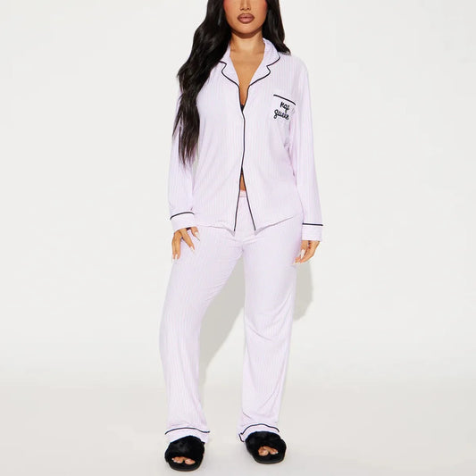 Striped Women Pajama Set Long Sleeves Turn Down Collar Top & Full-length Pants Female 2 Pieces Sleepwear Nightwear Homewear