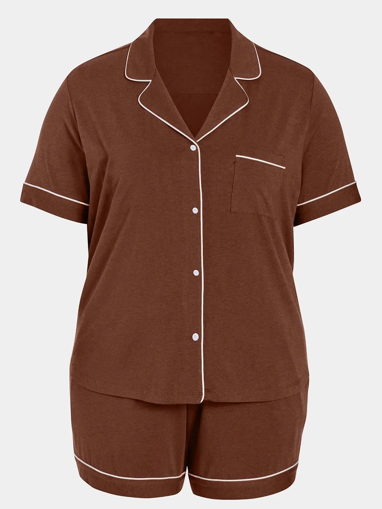 Plus Size Women Pajama Sets Short Sleeves Front Button Turn Down Collar Top & Shorts with Two Pockets Sleepwear Female Nightwear