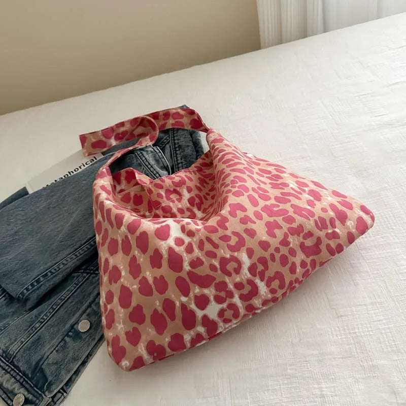 Leopard Print Canvas Bag for Women New Style Trendy Korean College Style Tote Bag Casual Large-capacity Hand-held Shoulder Bag