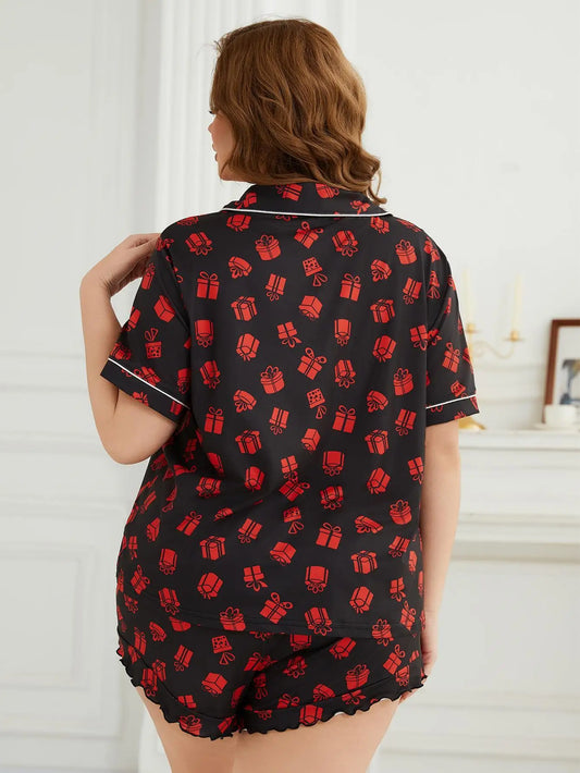 Plus Size Gift Print Women Pajama Sets Short Sleeves Turn Down Collar Front Button Top & Shorts Female 2pcs Sleepwear Nightwear