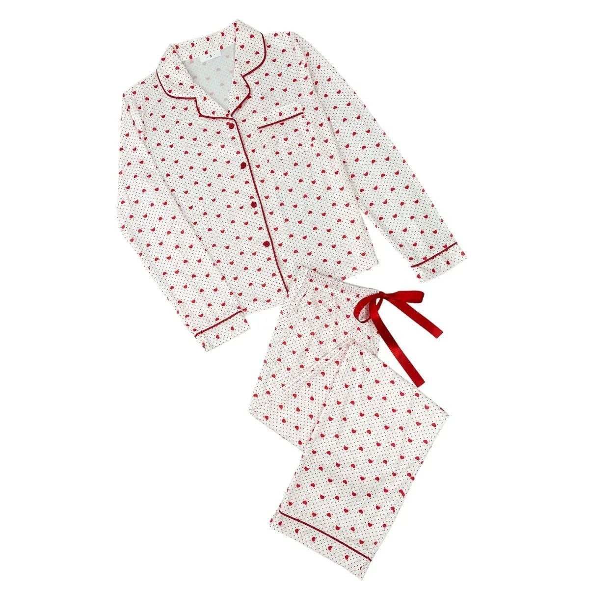 Heart Print Women Pajama Set Long Sleeves Turn Down Collar Button Top & Full-Length Pants 2 Pieces Female Sleepwear Nightwear