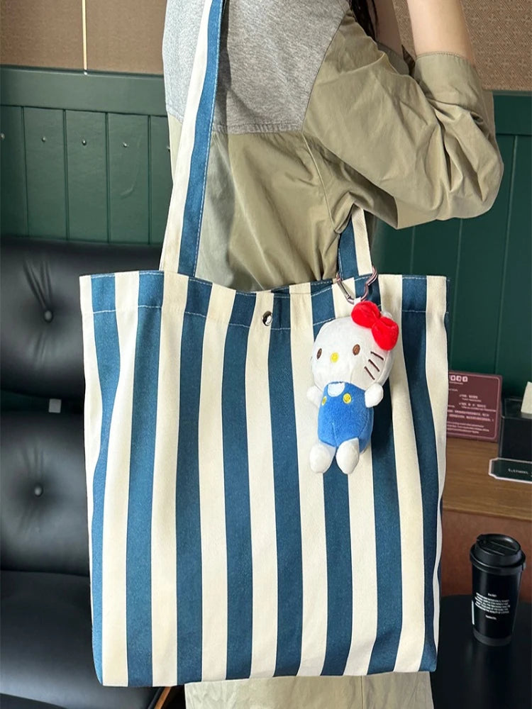 Striped Print Canvas Reusable Grocery Tote Bag Fenale Shoulder Handbag Crafts Shopping Bags Gifts for Women Birthday Christmas