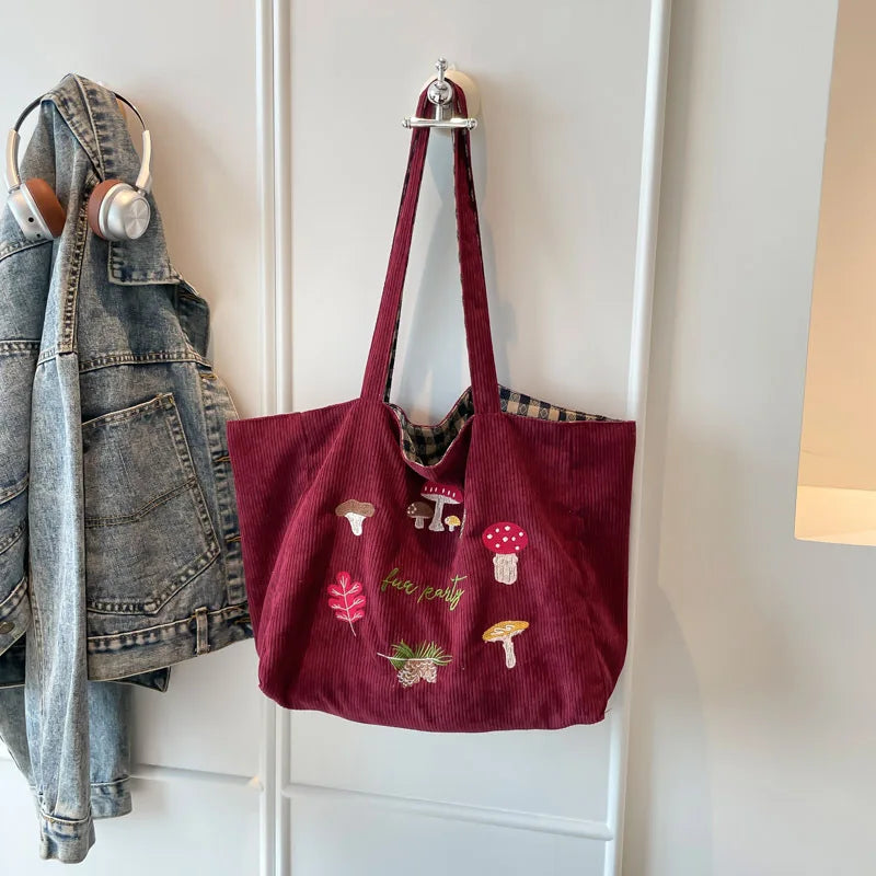 Mushroom Embroidery Single-shoulder Crossbody Bag Corduroy Checkered Double Bread Autumn and Winter New Retro Student Class Bag